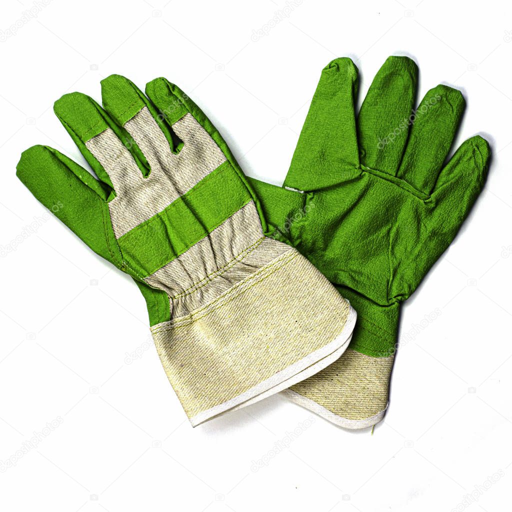 pair of work gloves with green accents on a white background
