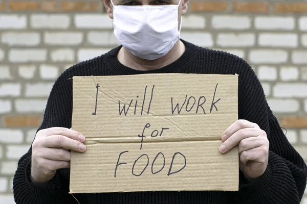 Concept Unemployment Coronavirus Man Medical Hygienic Mask Holding Cardboard Tablet — Stock Photo, Image