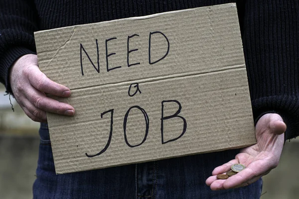 Unemployed Person Holds His Hand Cardboard Tablet Inscription Need Job — Stock Photo, Image