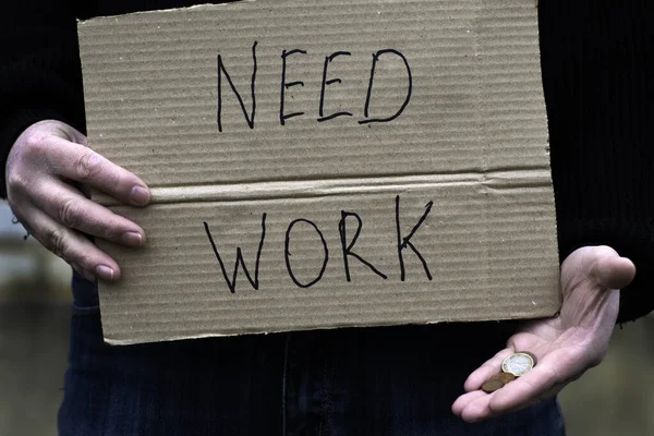 Unemployed Person Holds His Hand Cardboard Tablet Inscription Need Work — Stock Photo, Image