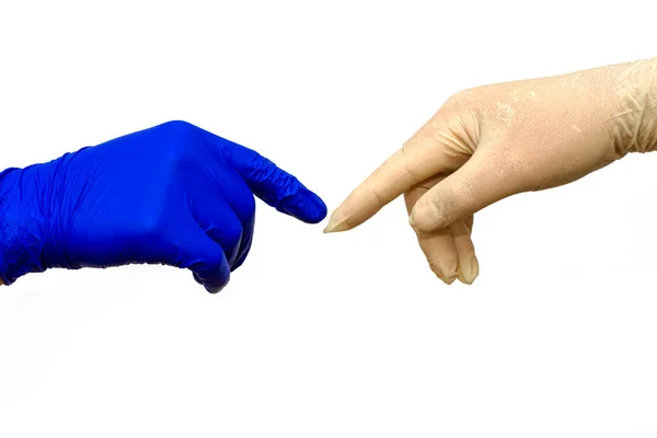 Hände Blau Weißen Medizinischen Schutzhandschuhen Berühren Sich Mit Den Fingern — Stockfoto