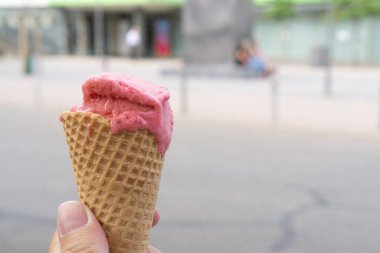 Elinde bir kepçe çilekli dondurma olan bir waffle.