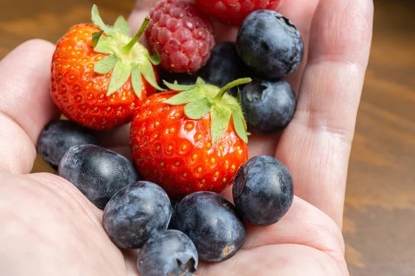 Mano Con Frutas Fresas Frambuesas Arándanos — Foto de Stock