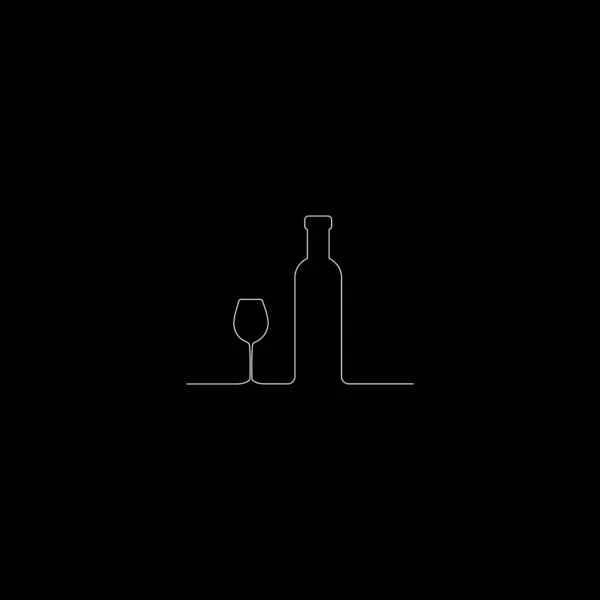 Continuous line drawing. Wine bottle and glass contour. White on Black outline vector. — Stock Vector