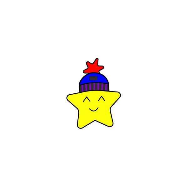 Illustrazione vettoriale del personaggio stella doodle cartone animato in cappello invernale per elemento di design adesivo sorriso — Vettoriale Stock