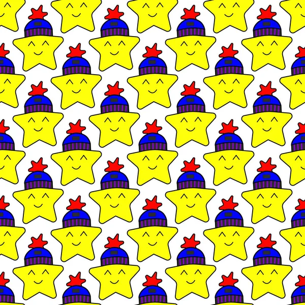 Carácter feliz estrellas amarillas en invierno sombrero vector patrón sin costuras — Archivo Imágenes Vectoriales
