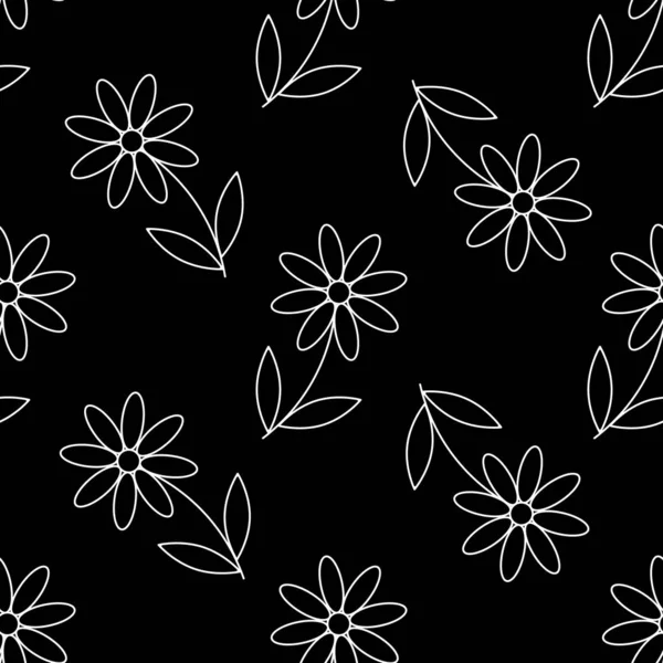 Μαργαρίτα floral επαναλαμβανόμενο μοτίβο με μαύρο φόντο χαμομήλι σιλουέτα χωρίς ραφή μοτίβο — Διανυσματικό Αρχείο