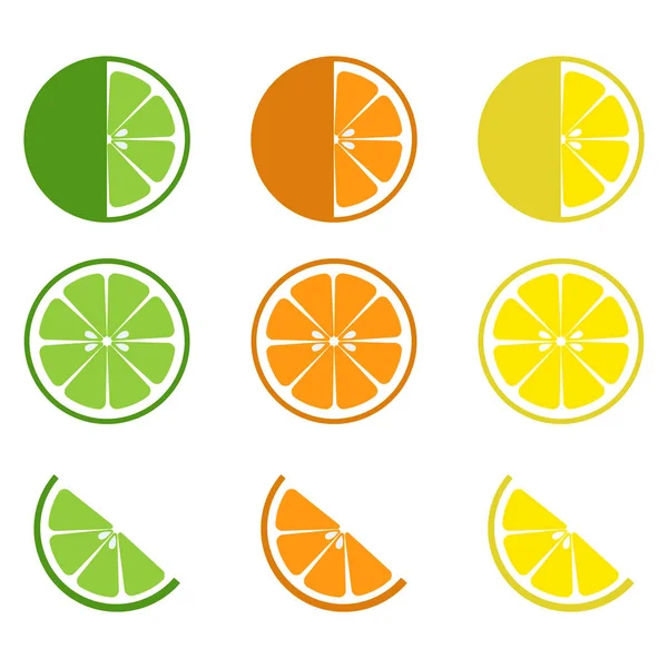 Conjunto vectorial de frutas tropicales maduras. naranjas, lima, limón. Colección de deliciosos elementos de diseño de cítricos para el envasado de jugo desayuno comida saludable — Archivo Imágenes Vectoriales