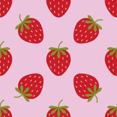 Kırmızı çilekli, kusursuz bir arka plan. Şirin vektör çilek deseni. Pembe arka planda yaz meyveleri çizimi.