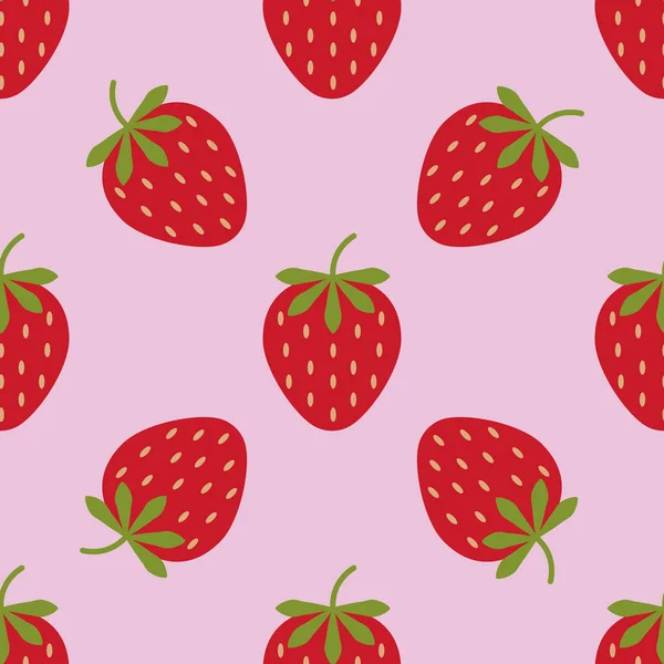 Seamless background with red strawberries. Cute vector strawberry pattern. Summer fruit illustration on pink background. — 스톡 벡터