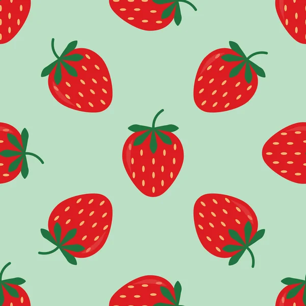 无缝隙的背景，红色草莓。可爱的草莓花纹。蓝色背景的夏季水果插图. — 图库矢量图片