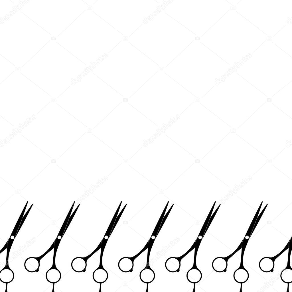 Scissors boarder frame, vector illustration. Beauty salons or tailors tools, shears and scissors. Barbershops supplies, tools, design for card, print, poster, window oe wall decoration