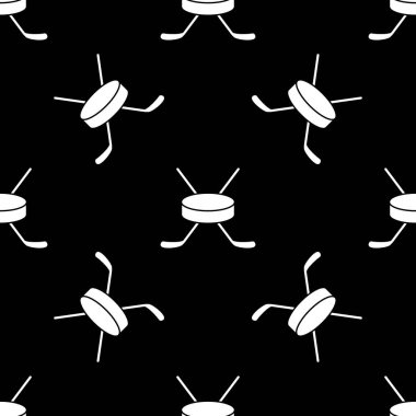 Hokeyin vektör illüstrasyonu. Sopa ve pak. Kusursuz bir arka plan. Siyah üzerine beyaz siluet