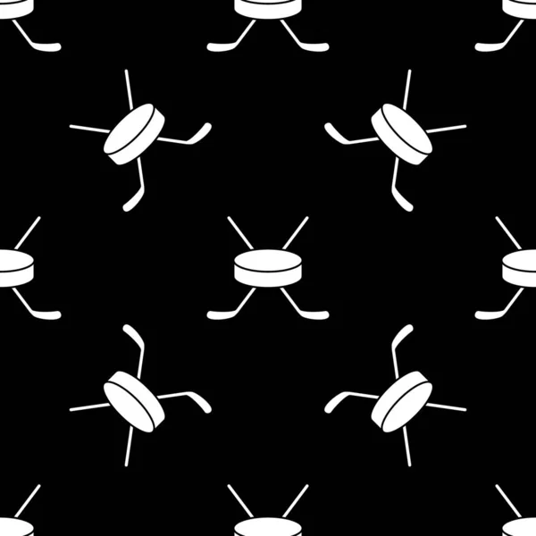 Vector illustratie van hockey. Stick en puck. Naadloze patroon achtergrond. Wit silhouet op zwart — Stockvector