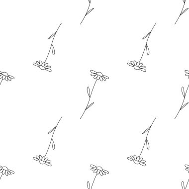 Papatya çiçekleri pürüzsüz desen. Küçük papatya çayı, beyaz arka planda siyah elementler. Çiçek dokusu, afiş, duvar kağıdı, ambalaj kağıdı, hatıra defteri, tekstil baskısı için sevimli vektör tasarımı.