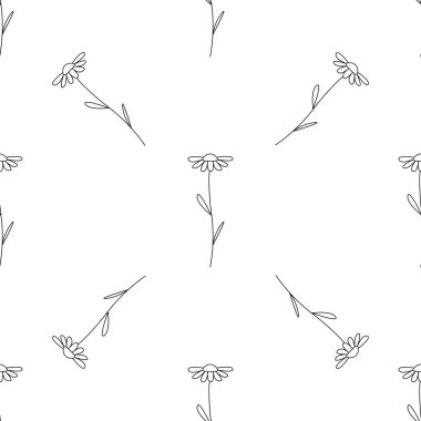 Papatya çiçekleri pürüzsüz desen. Küçük papatya çayı, beyaz arka planda siyah elementler. Çiçek dokusu, afiş, duvar kağıdı, ambalaj kağıdı, hatıra defteri, tekstil baskısı için sevimli vektör tasarımı.