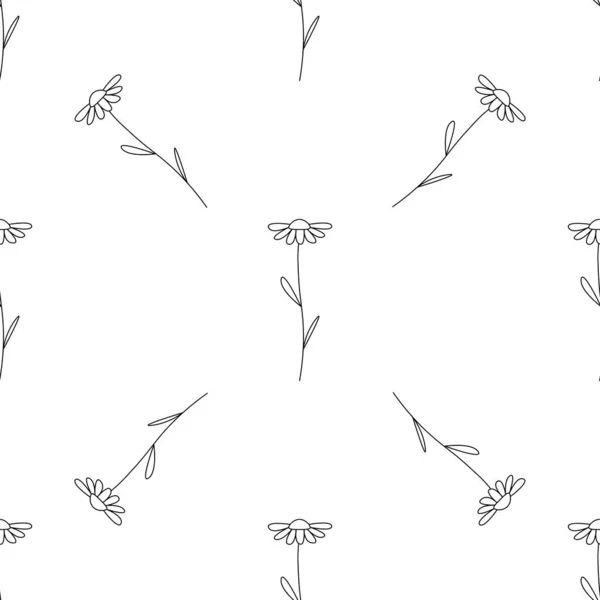 Daisy Květiny Bezproblémový Vzor Malý Heřmánek Černé Prvky Bílém Pozadí — Stockový vektor