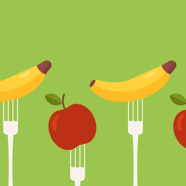 Fruits apple banana on fork. healthy and organic food nutrition lifestyle icon set. Diet frame border Colorful and flat design. Vector illustration — ストックベクタ