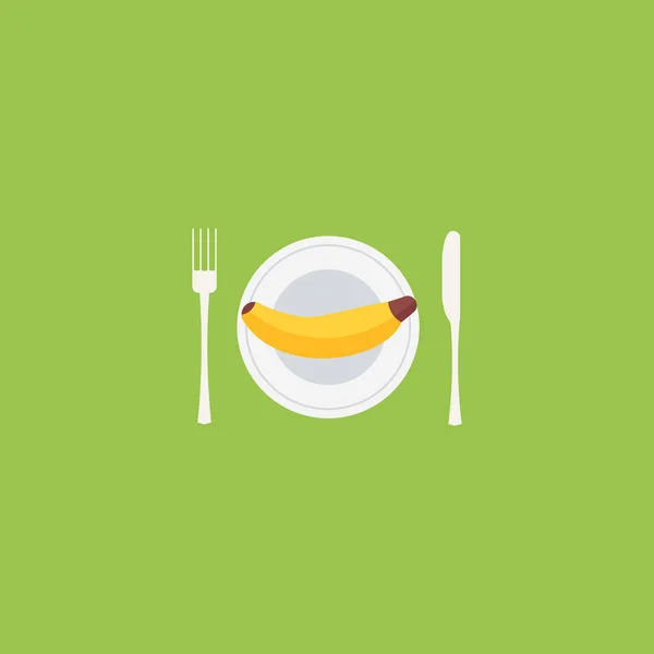 健康的な食事の看板 フォークとナイフで皿の上のバナナ 緑の背景のベクトル図 — ストックベクタ