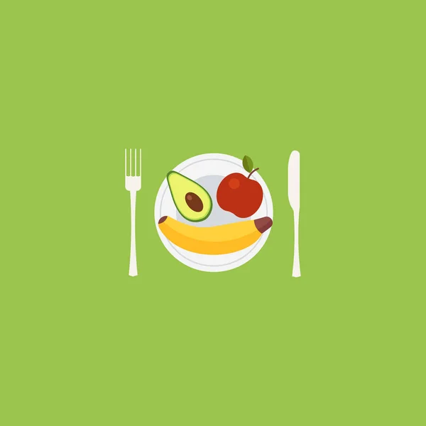 健康的な食事の果物野菜薄緑色の背景にフォークとナイフのアイコンとプレート上の食品 — ストックベクタ