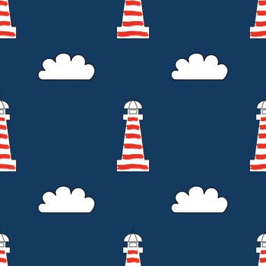 Mavi arka planda deniz feneri ve bulutlar. Şirin ve eğlenceli tarzı olan marka için oyuncu, modern ve esnek bir model. Tekrarlanan kusursuz desen. Mutlu, neşeli ve denizcilik havasında..