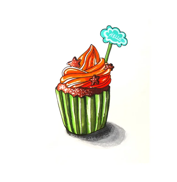 Cupcake ilustração com biscoitos e Hello sign — Fotografia de Stock
