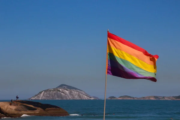 Rio de Janeiro, Brezilya - 24 Temmuz 2019: Eşcinsel bayrağı olan ünlü Copacabana Sahili. Lgbt gökkuşağı bayrağı artı banyo yapan insanlar arasında, beyaz kum, Atlantik Okyanusu ve dağlar. Cinsel azınlıkların hakları.