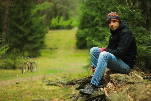 Young Attractive Male Cyclist Unshaven Sports Jacket Blue Jeans Buff — Stock Photo, Image