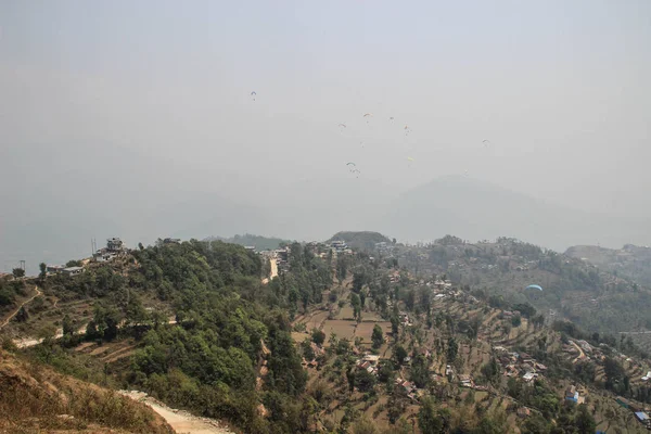 Pohled Paraglidingu Údolí Jezera Pheva Pokhara Himaláje Rýžová Pole Hory — Stock fotografie