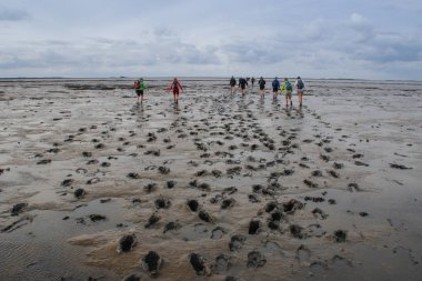 hiking along the bottom of the sea is completely mud at low tid clipart