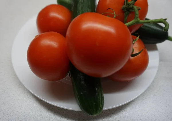 Tomates Vermelhos Pepinos Verdes Uma Chapa — Fotografia de Stock