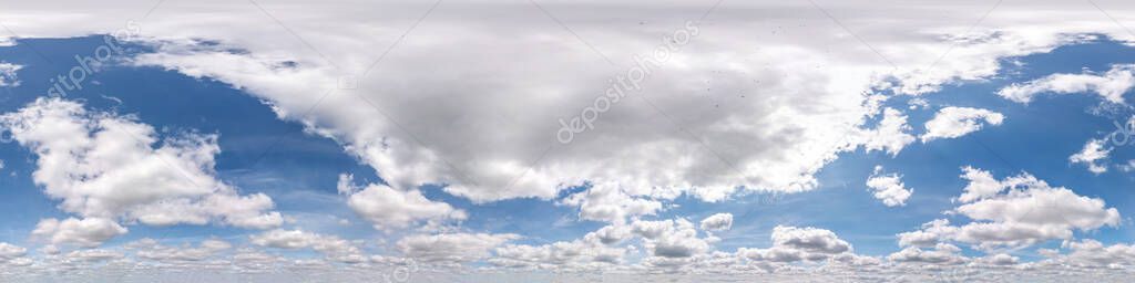 blue sky with beautiful clouds. Seamless hdri panorama 360 degrees angle view  with zenith for use in 3d graphics or game development as sky dome or edit drone shot