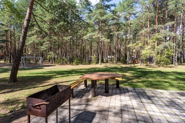 Campings de madera con todas las comodidades en un bosque de pinos — Foto de Stock