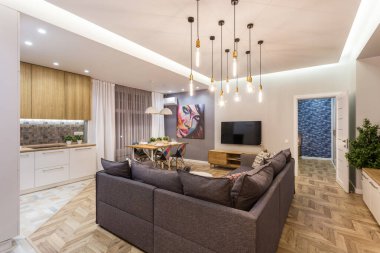 Minsk, Belarus - Eylül 2019: Modern lüksün iç kesimi 