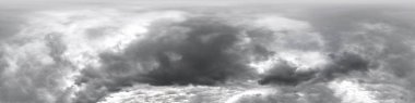 Yağmur fırtınalı bulutlu gri gökyüzü. 3D grafiklerde ya da oyun geliştirmede gökyüzü kubbesi olarak kullanılmak ya da insansız hava aracı görüntüsünü düzenlemek için 360 derecelik kusursuz hdri panorama görünümü ile doruk noktası