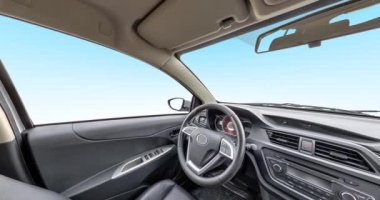 Prestij modern arabanın iç deri salonundaki panorama. Direksiyon, vites kolu ve gösterge paneli
