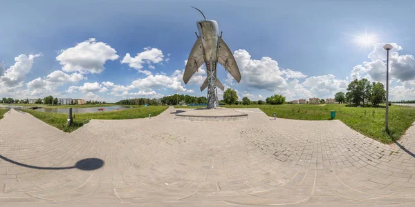 Full spherical hdri panorama 360 degrees angle view near old military transport aircraft and fighter airplane monument in equirectangular projection. VR AR content — Stock Photo, Image