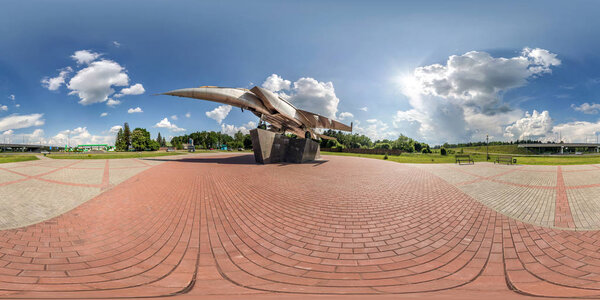 full spherical hdri panorama 360 degrees angle view near old military transport aircraft and fighter airplane monument in equirectangular projection. VR AR content