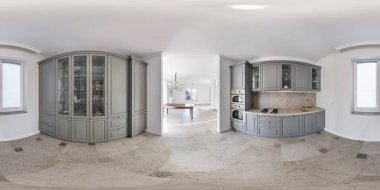 Minsk, Belarus - Mayıs 2019: tam pürüzsüz küresel hdri panorama 360 's açı görünümü boş modern mutfakta gri stil renk eşdikdörtgen yansıtmalı, Ar Vr içeriği için hazır