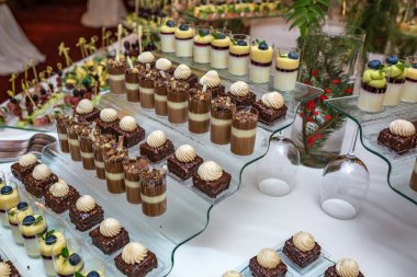 Catering. Saha dışında yemek. Çeşitli tatlı çikolata kanepeler, sandviç ve lor, çilek, peynir ve nane ile aperatifler ile Büfe tablo