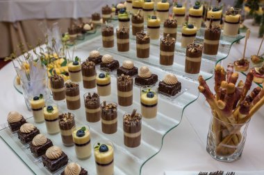 Catering. Saha dışında yemek. Çeşitli tatlı çikolata kanepeler, sandviç ve lor, çilek, peynir ve nane ile aperatifler ile Büfe tablo