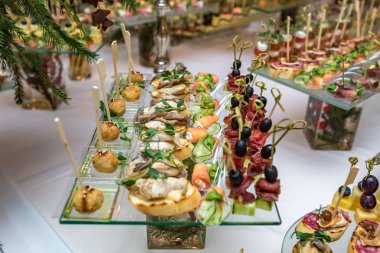 Catering. Saha dışında yemek. Çeşitli kanepeler, kum ile büfe masası