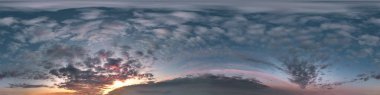 dark blue sky before sunset with beautiful awesome clouds. Seamless hdri panorama 360 degrees angle view with zenith for use in graphics or game development as sky dome or edit drone shot clipart