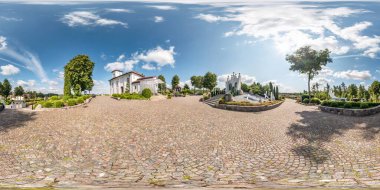full seamless spherical hdri panorama 360 degrees angle view near holy spring with concrete stairs and sculpture of angels in equirectangular projection, AR VR content clipart