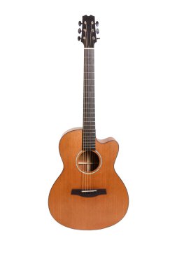 Beyaz arka planda izole edilmiş altı telli akustik gitarın ahşap dokusu. gitar şekli