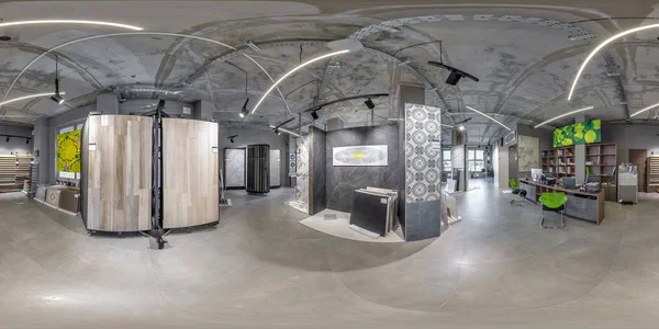 GRODNO, BELARUS - SEPTEMBER, 2019: Full spherical seamless hdri panorama 360 degrees angle inside interior modern ceramic tile and natural stone shop in equirectangular projection, VR AR content — 스톡 사진