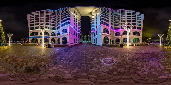 MINSK, BELARUS - JANUARY 2020: full seamless spherical hdri night panorama 360 near arch between multistory buildings of residential quarter with neon light in windows in equirectangular projection — Stock Photo, Image