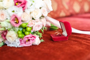 bright wedding bouquet of summer white pink roses  with wedding 