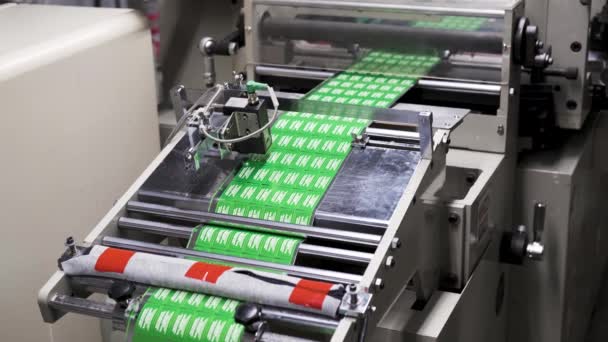 Großaufnahme Große Offsetdruckmaschine Bewegte Polymer Etikettenförderer Typografie Anlage Und Flexodruck — Stockvideo