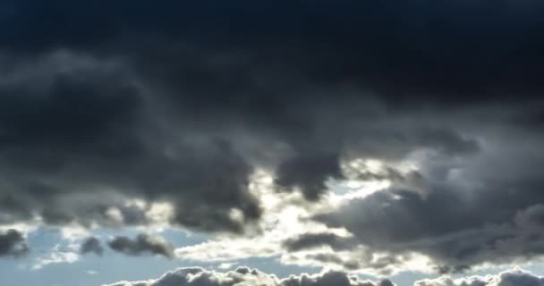 Timelapse Dark Sky Background Black Fluffy Curly Rolling Storm Clouds — Stock Video